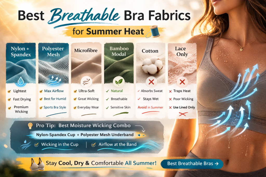 A low-support sports bra in moisture wicking fabric is one of the most underrated
everyday bras for summer heat.