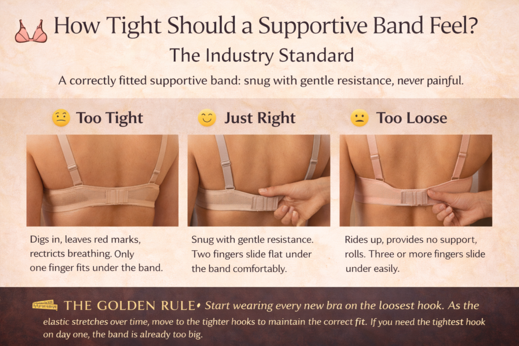 A correctly fitted
supportive band snug with gentle resistance, never painful.